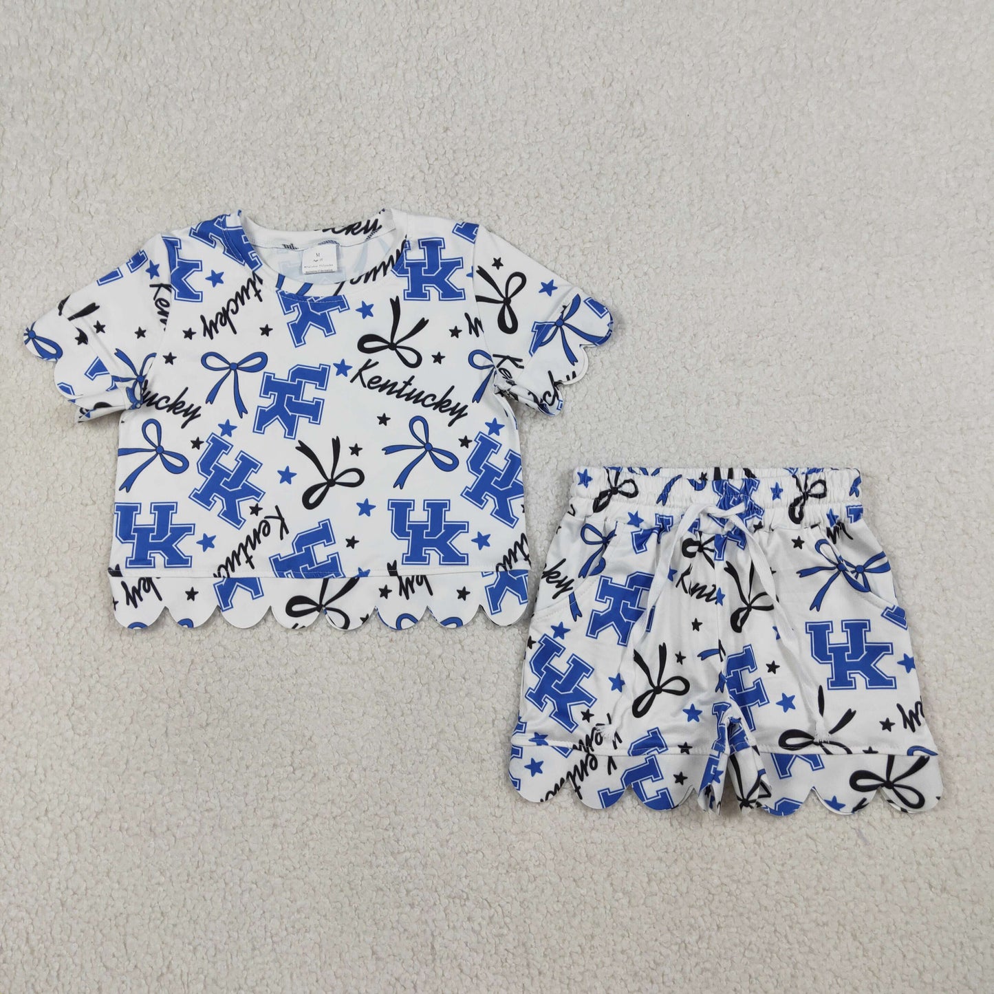 RTS Baby Girls Kids Short Sleeves UK Bows Team Shirt Scallop Shorts Summer Set
