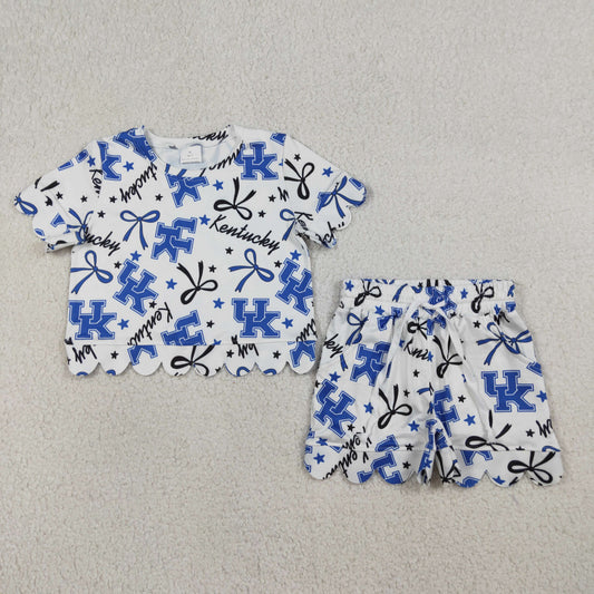 RTS Baby Girls Kids Short Sleeves UK Bows Team Shirt Scallop Shorts Summer Set