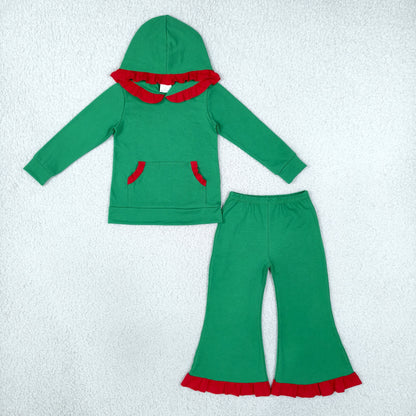 Baby Girls Kids Long Sleeves Red Ruffle Hoodie Pocket Cotton Pullover Pants Green Set Christmas Clothes RTS