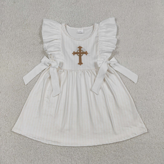 RTS Baby Girls Kids Sleeveless Embroidery Cross Bows Easter Knee Length Dress