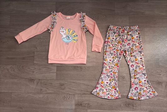 No moq Preorder Baby Girls Kids Embroidery turkey Thanksgiving Tops Flower Pants Set Clothes