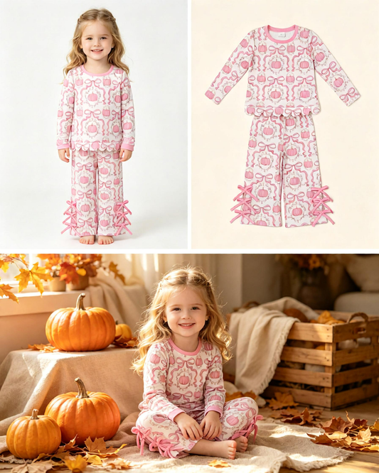 Baby Girls Kids Long Sleeves Pumpkins Scallop Shirt Pink Bows Pants Set Fall Clothes