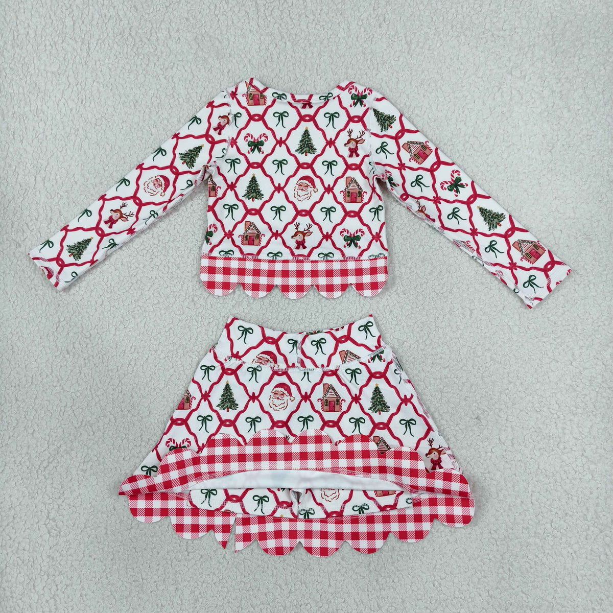 Baby Girls Kids Christmas Santa Shirt Bows Scallop Skirt Shorts Yoga Active Set Clothes