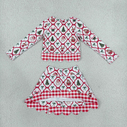 Baby Girls Kids Christmas Santa Shirt Bows Scallop Skirt Shorts Yoga Active Set Clothes