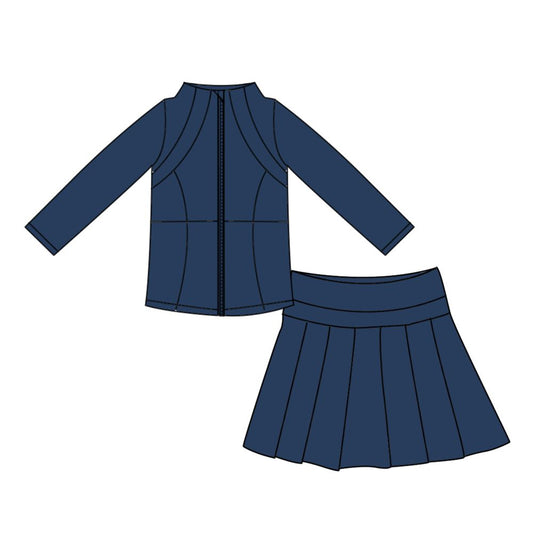 Moq 5 Preorder Baby Girls Kids Long Sleeves Zipper Cardigan Skirt Shorts Navy Set Yoga Active Clothes