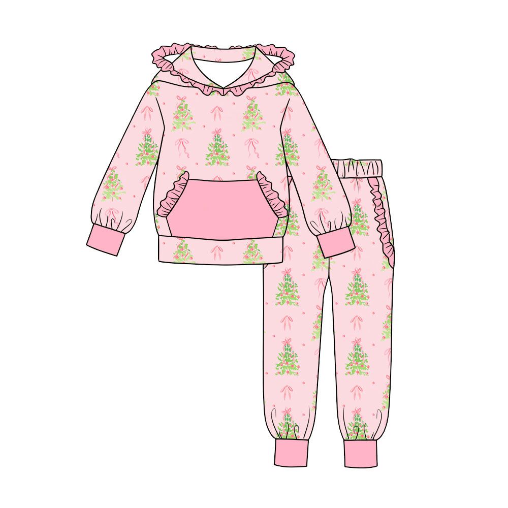 Moq 5 Preorder Baby Girls Kids Christmas Tree Bows Hoodie Pullover Ruffle Pockets Pants Set Pink Clothes