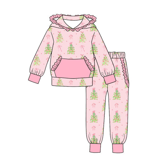 Moq 5 Preorder Baby Girls Kids Christmas Tree Bows Hoodie Pullover Ruffle Pockets Pants Set Pink Clothes