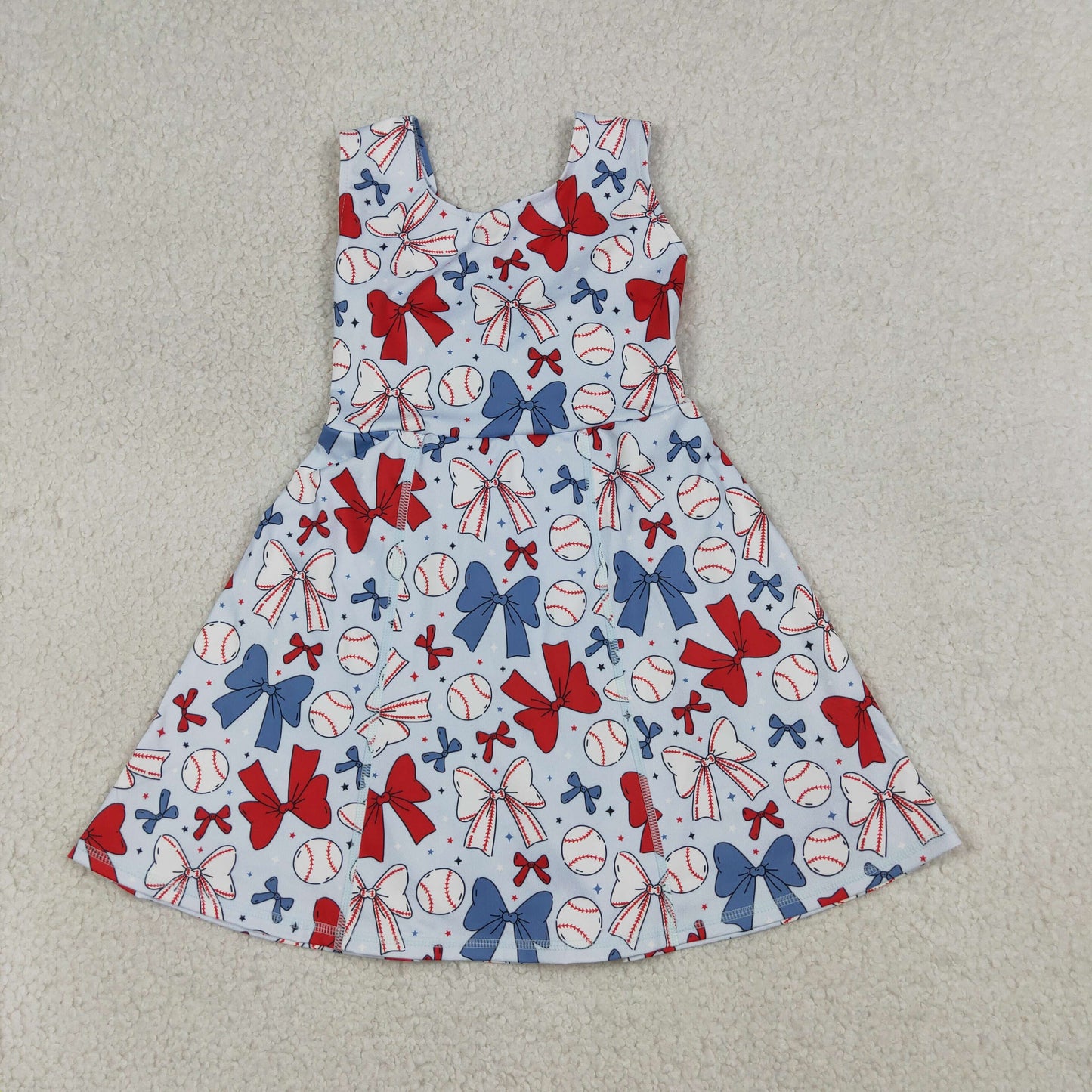 RTS Baby Girls Toddler Baseball Bows Flags 4th of July Yoga Shorts Knee Length Dress Blue Clothes