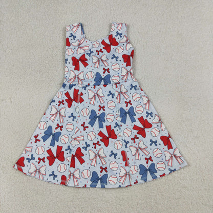 RTS Baby Girls Toddler Baseball Bows Flags 4th of July Yoga Shorts Knee Length Dress Blue Clothes