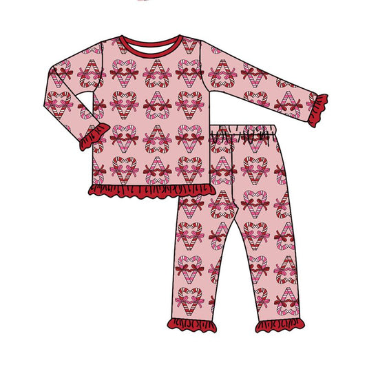 Moq 5 Preorder Baby Girls Kids Long Sleeves Christmas Candy Cane Bows Shirt Pants Set Pajamas Clothes
