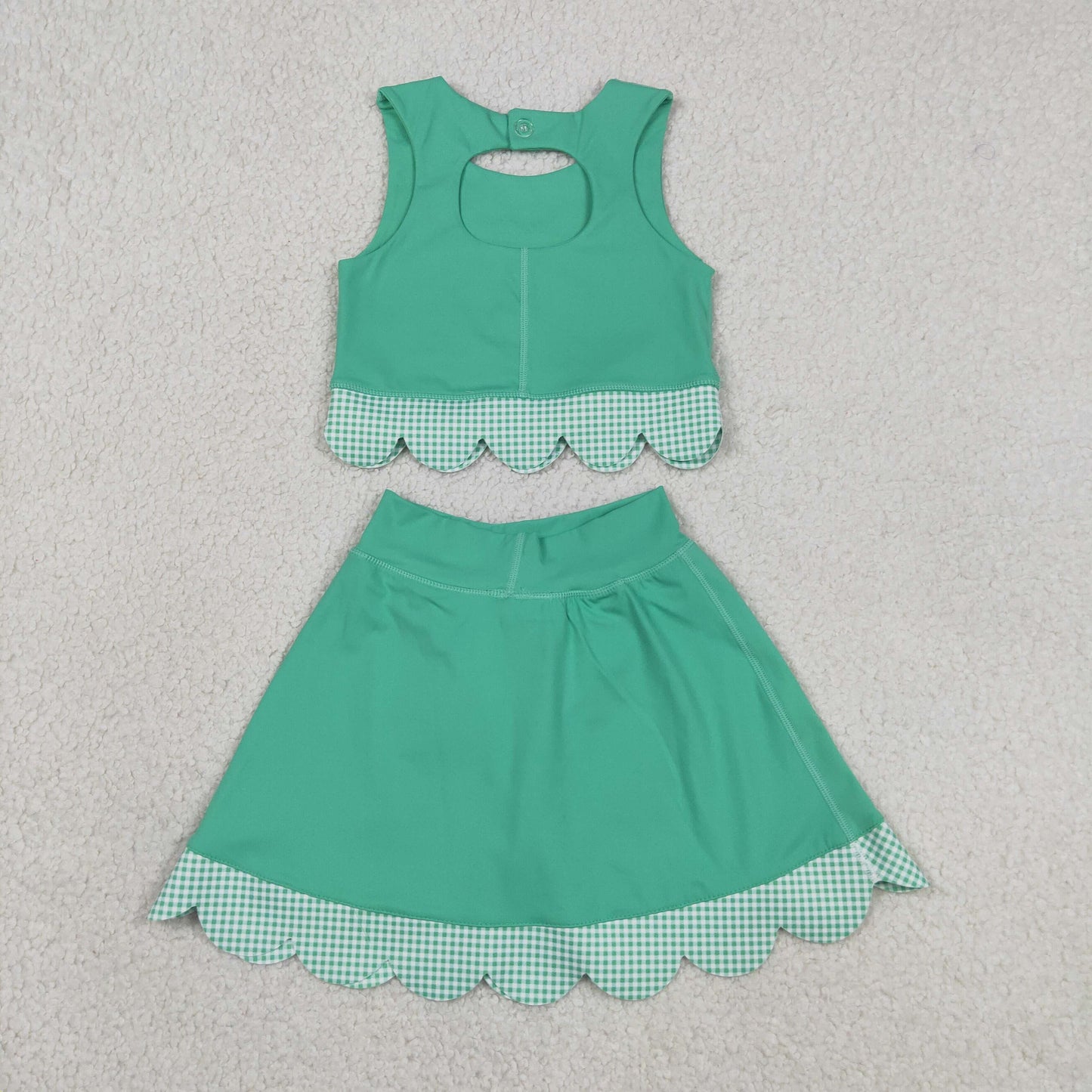 Baby Girls Sleeveless Green Tops Bows Skirt Shorts Yoga Clothes Scallop Set
