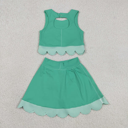Baby Girls Sleeveless Green Tops Bows Skirt Shorts Yoga Clothes Scallop Set