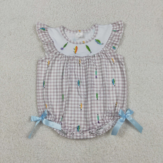 Baby Girls Short Sleeves Embroidery Fishing Plaid Bows Bubble Romper