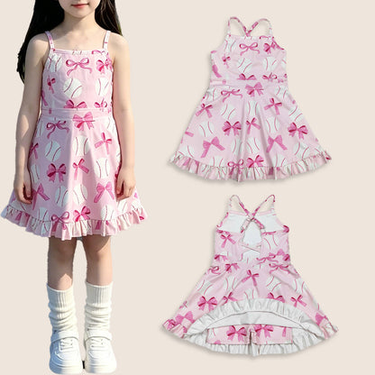 Baby Girl Straps Pink Bows Baseball Activity Wear Yoga Knee Length Dress