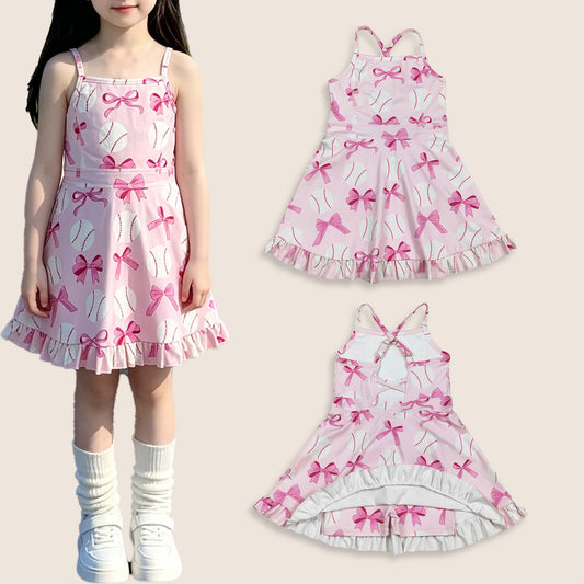 Baby Girl Straps Pink Bows Baseball Activity Wear Yoga Knee Length Dress