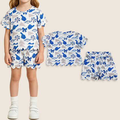 Baby Girls Kids Short Sleeves Blue Bows Cheer Shirt Scallop Shorts Team Set