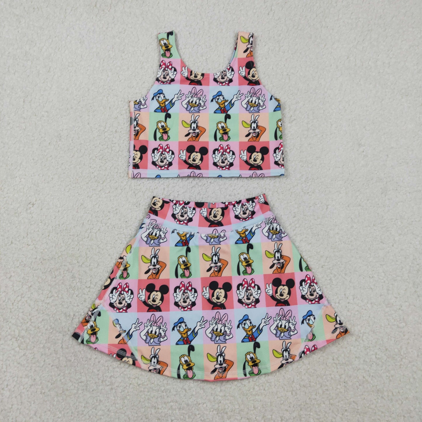 RTS Baby Girls Kids Sleeveless Cartoon Tops Shorts Skirt Yoga Active Colorful Set