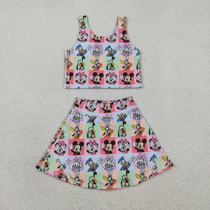 RTS Baby Girls Kids Sleeveless Cartoon Tops Shorts Skirt Yoga Active Colorful Set