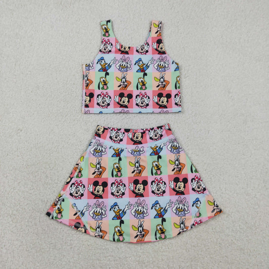 RTS Baby Girls Kids Sleeveless Cartoon Tops Shorts Skirt Yoga Active Colorful Set