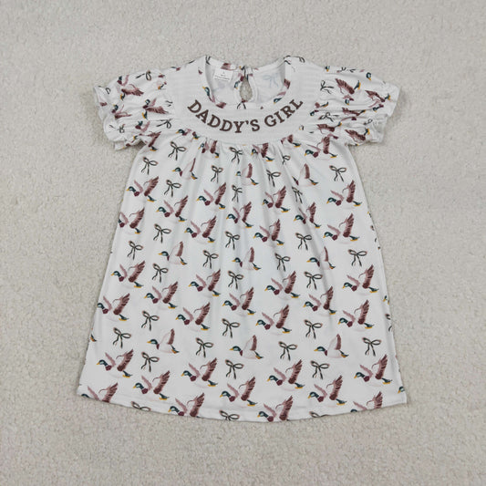 Baby Kids Short Sleeves Embroidery Daddy's Girl Ducks Smocked Dress