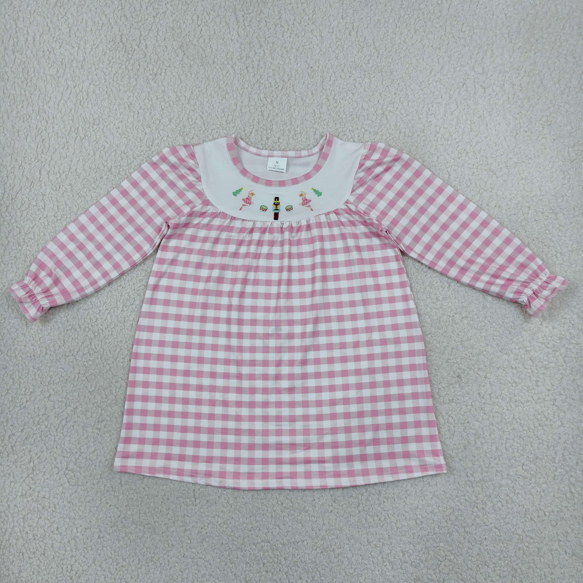 Baby Girls Kids Long Sleeves Embroidery Pink Plaid Knee Length Dress Christmas Clothes