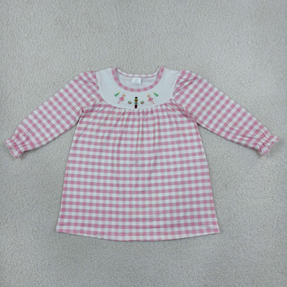 Baby Girls Kids Long Sleeves Embroidery Pink Plaid Knee Length Dress Christmas Clothes