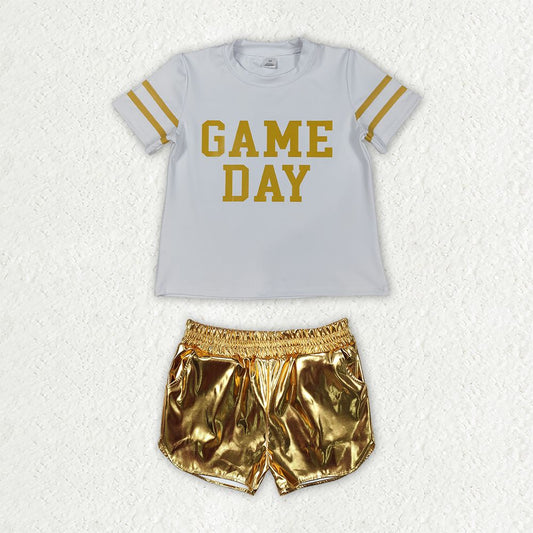 Baby Girls Kids Short Sleeves Game Day Shirt Gold Pockets Shorts Set Team Clothes