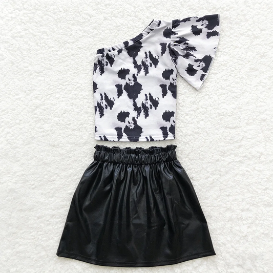 RTS Baby Girl Kids Cow Print Tops Black Leather Skirt Set Western Clothes