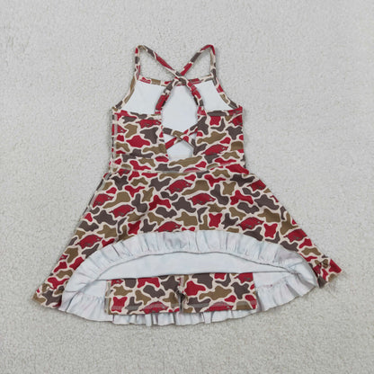 RTS Baby Girls Kids Straps Pigs Camo Print Team Yoga Ruffle Knee Length Dress