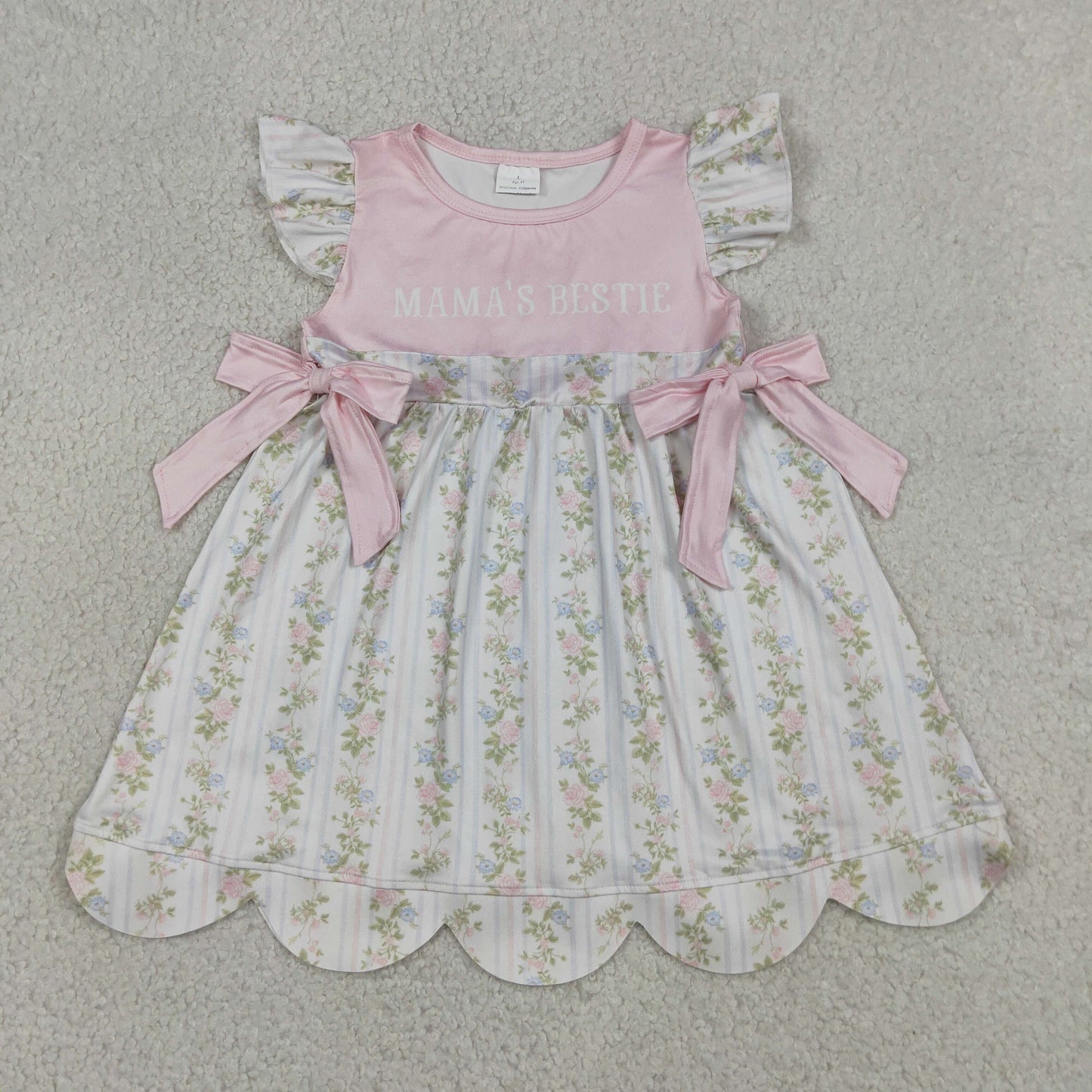 Baby Girls Short Sleeves Mama's Bestie Flower Bows Knee length Dress