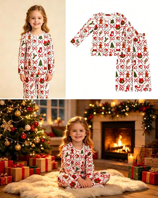 Baby Girls Kids Short Sleeves Christmas Santa Bows Shirt Scallop Pants Set Clothes