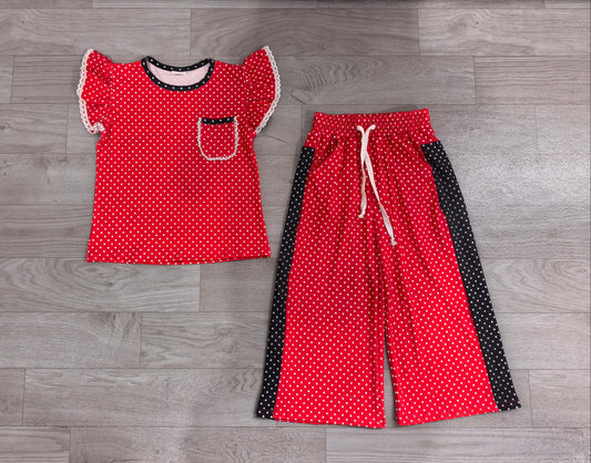 No moq Preorder Baby Girls Kids Short Sleeves Dot‌s Pocket Tops Pants Red Set Team Clothes