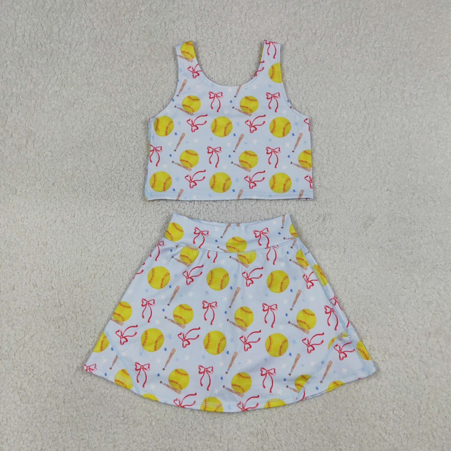 Baby Girls Kids Softball Bows Tops Blue Skirt Shorts Yoga Summer Set