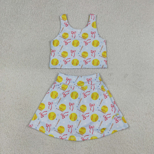 Baby Girls Kids Softball Bows Tops Blue Skirt Shorts Yoga Summer Set