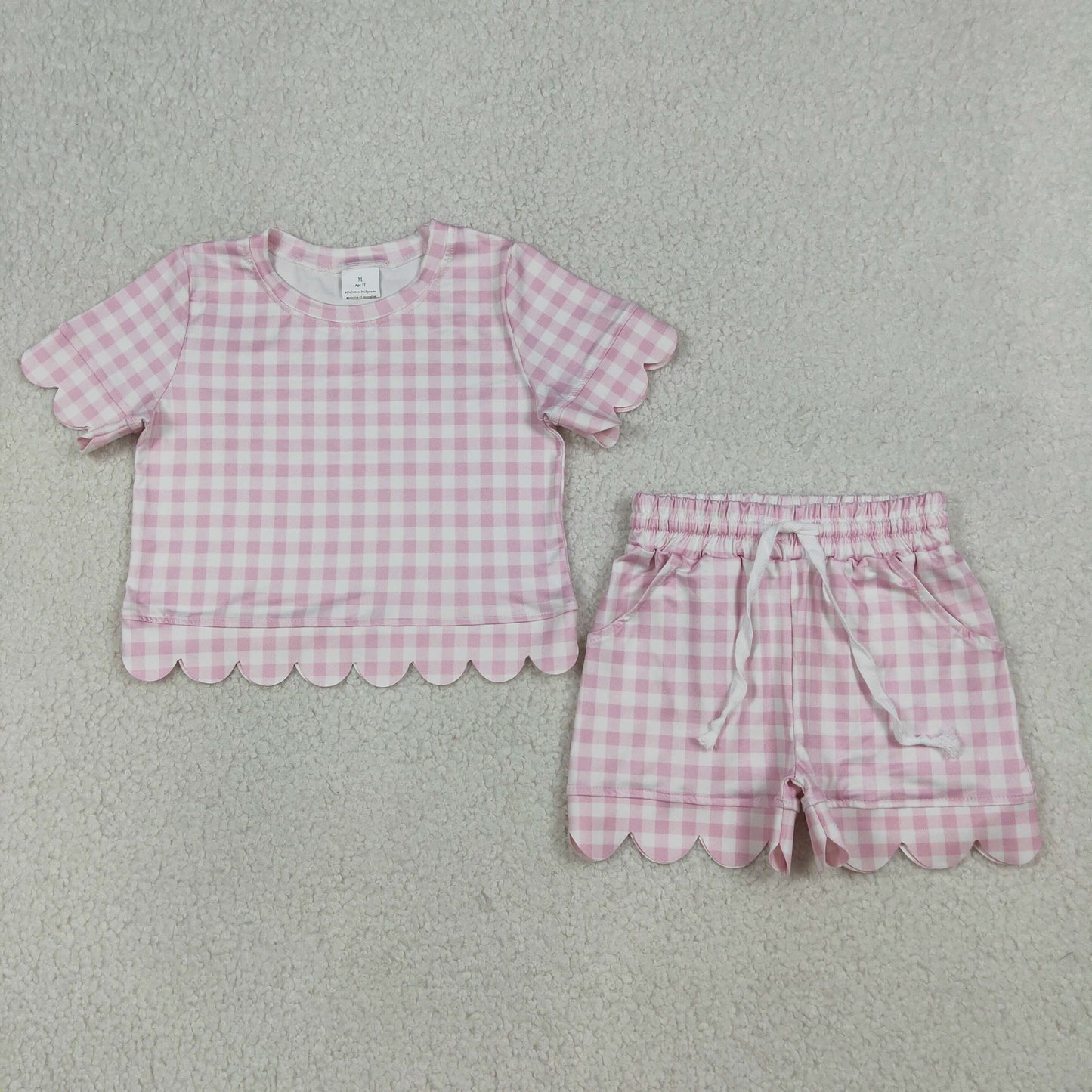 RTS Baby Girls Kids Short Sleeves Pink Plaid Shirt Scallop Shorts Clothes Set