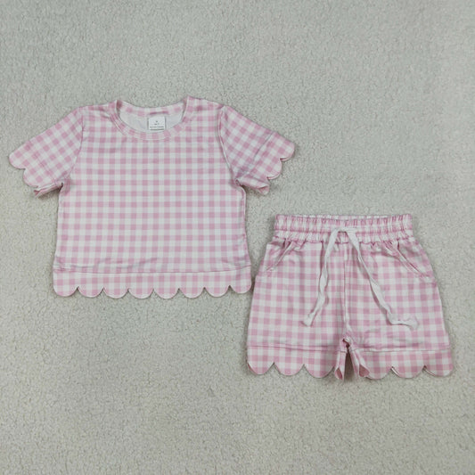 RTS Baby Girls Kids Short Sleeves Pink Plaid Shirt Scallop Shorts Clothes Set