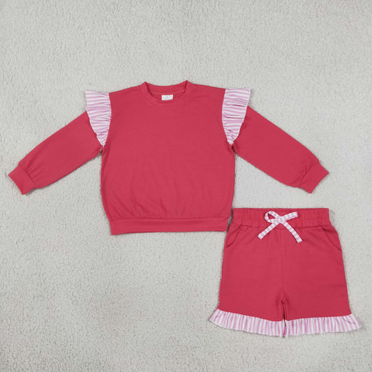 Baby Girls Kids Hot Pink Long Sleeves Tops Pockets Shorts Cotton Set Clothes
