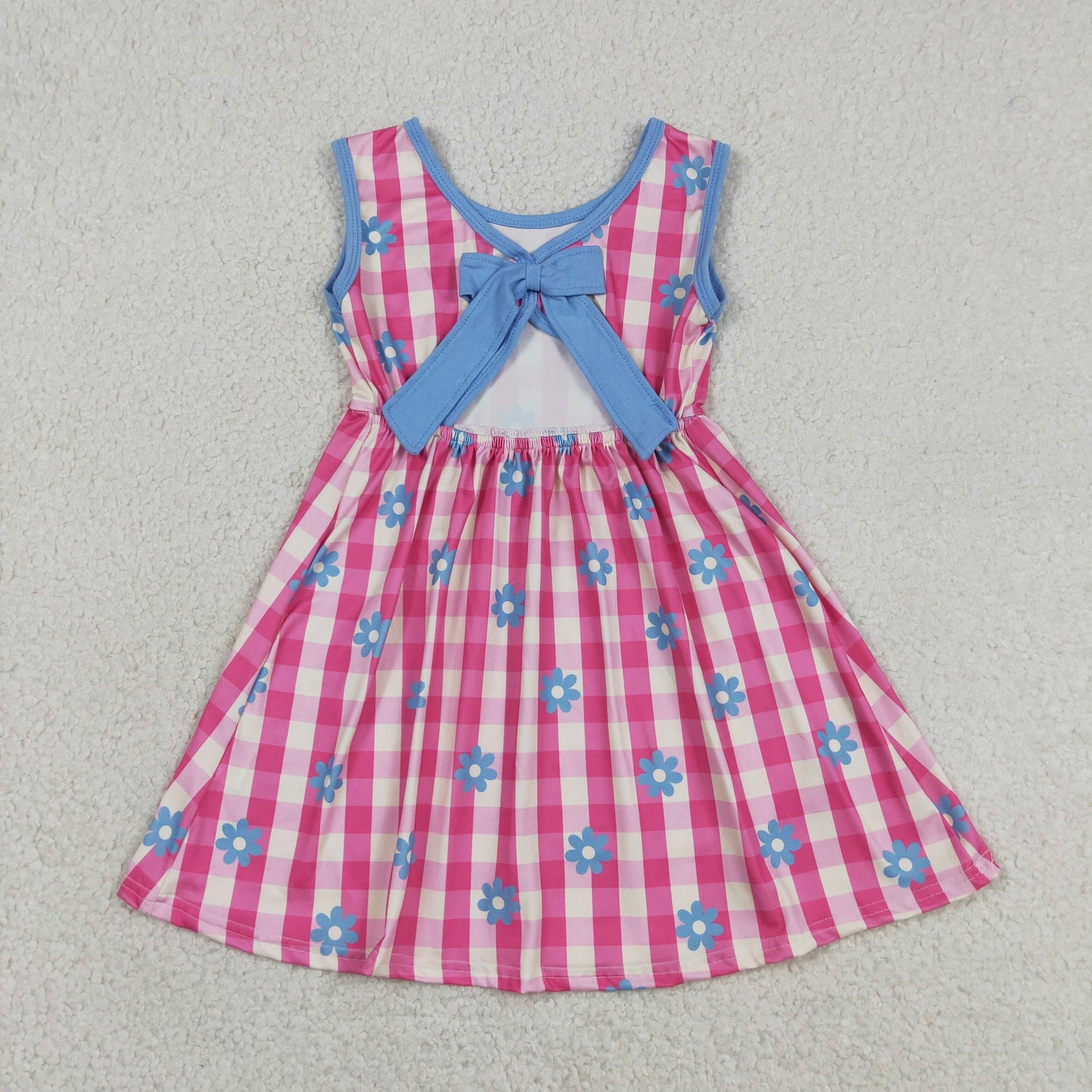 GSD4007 Baby Girls Kids Bows Sleeveless Pink Plaid Flower Knee Length Dress