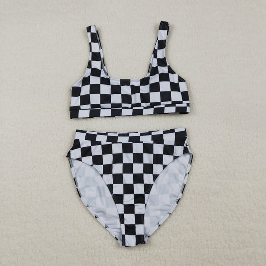 RTS Adult Women Sleeveless Black Checked Tops Shorts Swimsuit Set