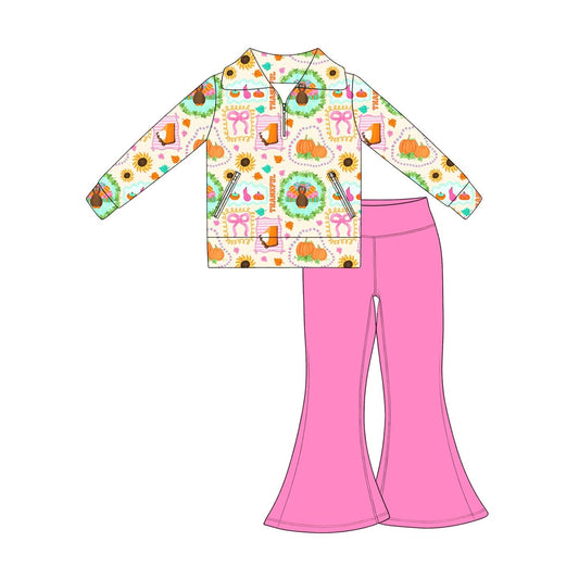 Moq 5 Preorder Baby Girls Kids Pumpkins turkey Bows Zipper Pockets Tops Pink Pants Set Fall Clothes