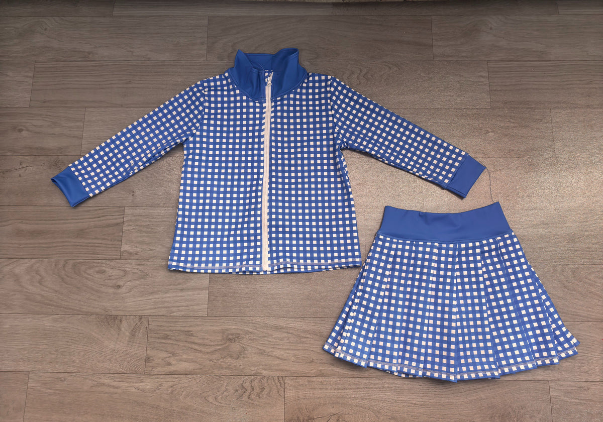 No moq Preorder Baby Girls Kids Long Sleeves Blue Plaid Zipper Tops Skirt Shorts Set Yoga Active Clothes