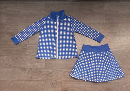 No moq Preorder Baby Girls Kids Long Sleeves Blue Plaid Zipper Tops Skirt Shorts Set Yoga Active Clothes