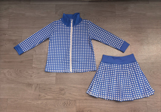 No moq Preorder Baby Girls Kids Long Sleeves Blue Plaid Zipper Tops Skirt Shorts Set Yoga Active Clothes
