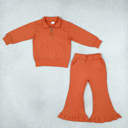 Baby Girls Kids Long Sleeves Orange Zipper Shirt Pockets Pants Set Sweatsuit‌ Cotton Clothes