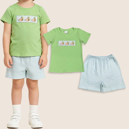 Baby Boys Kids Green Embroidery Ducks Shirt Stripes Shorts Set Clothes
