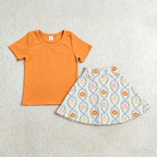 Baby Girls Kids Orange Shirt Pumpkins Bows Skirt Shorts Fall Set Yoga Active Thanksgiving Clothes