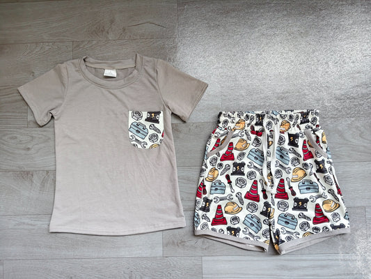 No moq Preorder Baby Boys Kids Short Sleeves Grey Shirt Tools Pockets Shorts Set Clothes