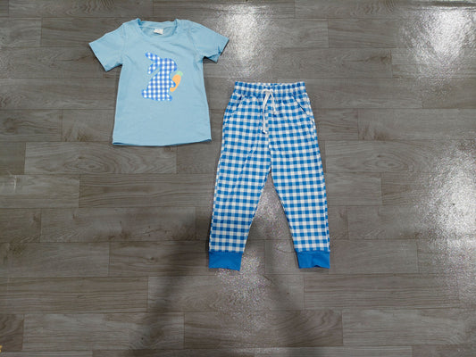 No moq Preorder Baby Boys Kids Embroidery Rabbit Carrot Shirt Blue Plaid Pockets Pants Easter Set