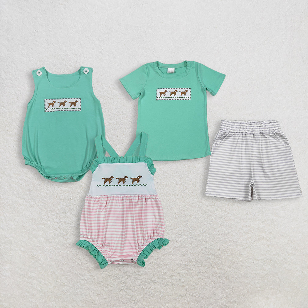RTS Sibling Baby Boys Girls Embroidery Dogs Green Rompers Dress Set Clothes