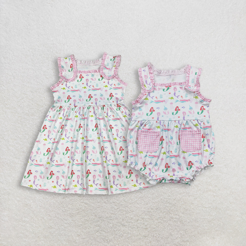RTS Sibling Baby Girls Kids Sleeveless Mermaid Ruffle Romper Dress Summer Clothes